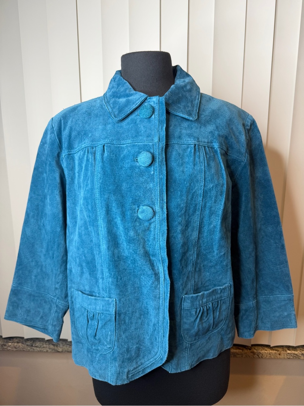 Chico's teal suede jacket button design 3/4 sleeves rounded pockets SZ2/Large